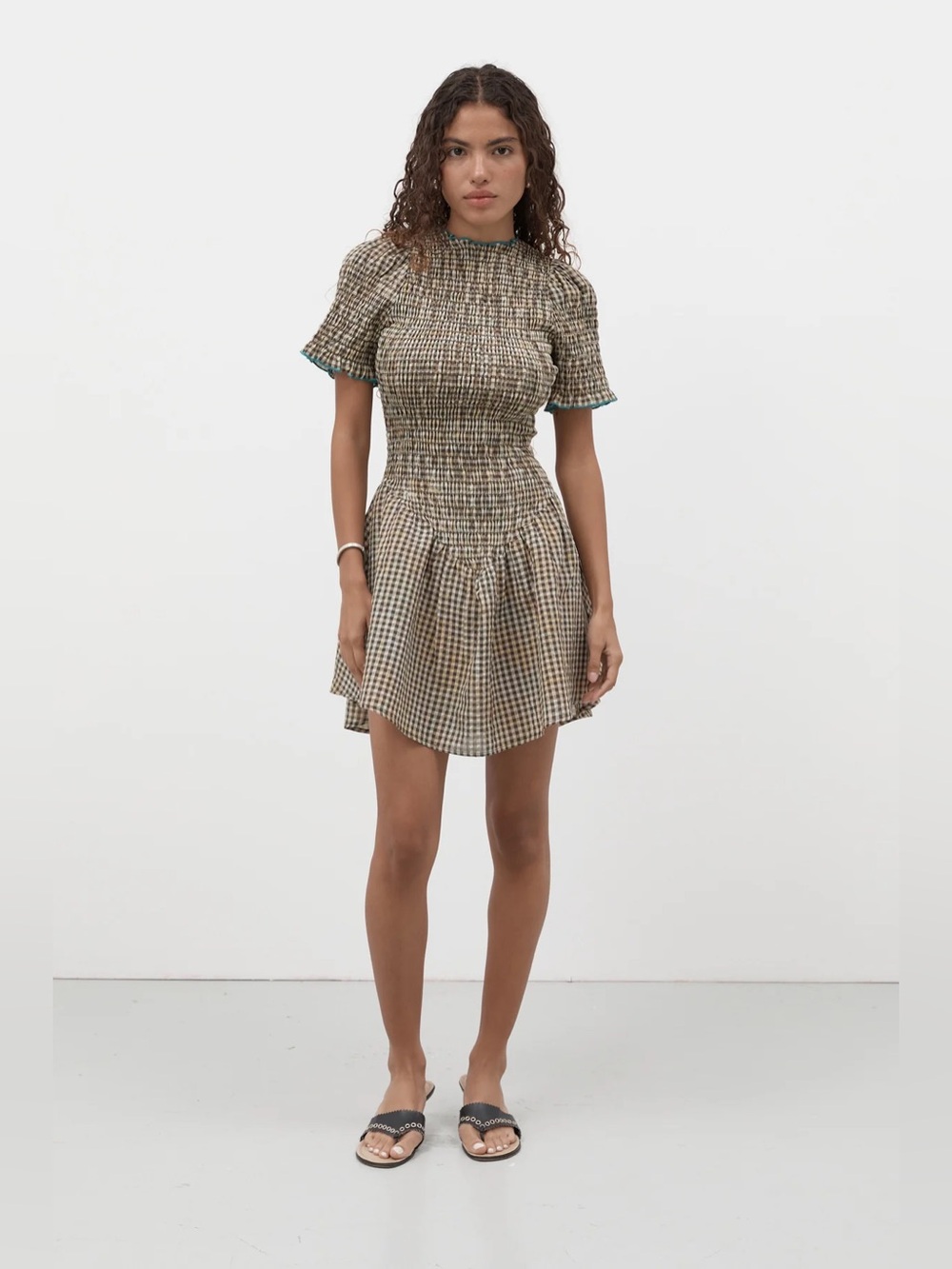 APRES STUDIO Ruched Mini Dress in Biscuit Plaid Size 4 VGUC - Picture 3 of 8